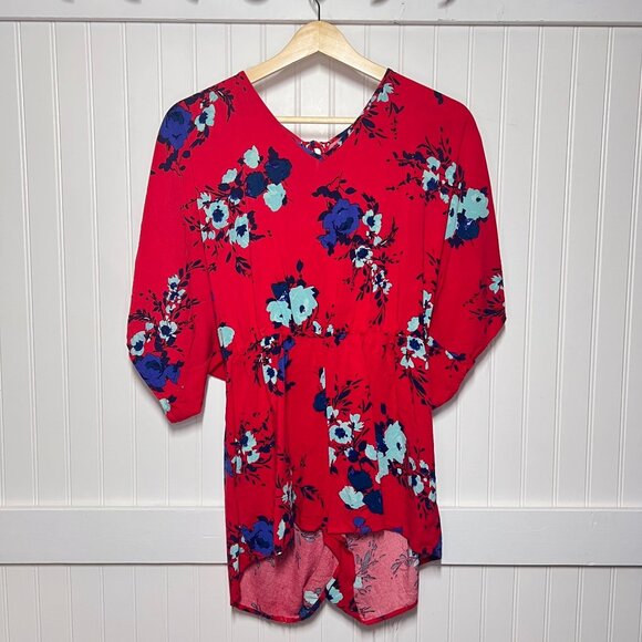 Charlotte Russe Red Floral Romper Jumpsuit Women's Blue Flower Print V-Neck - Picture 1 of 11